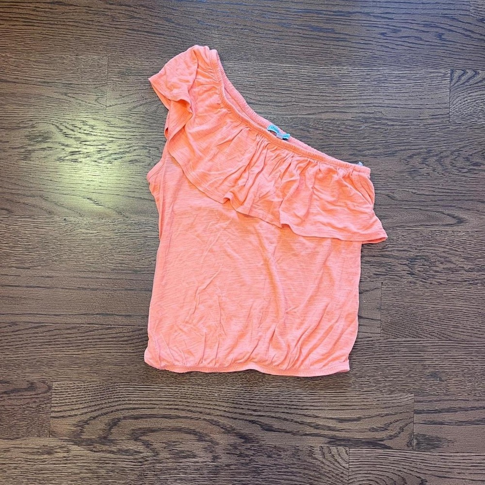 🍟Y2K Coral Peach One Shoulder Ruffle Asymmetrical‎ Top Medium